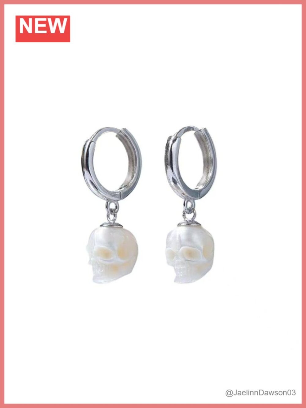 Handcarved Pearl Skull Earrings Sterling Silver Drop Dangle Gothic Halloween
